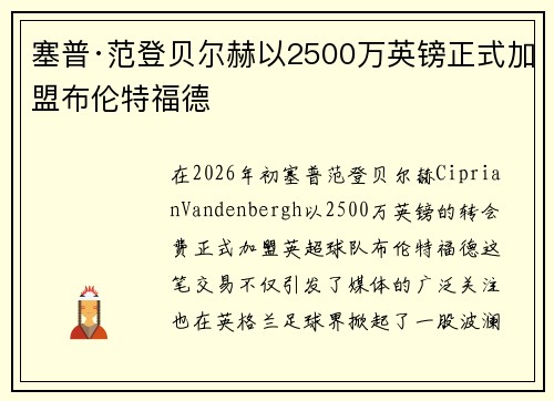 塞普·范登贝尔赫以2500万英镑正式加盟布伦特福德
